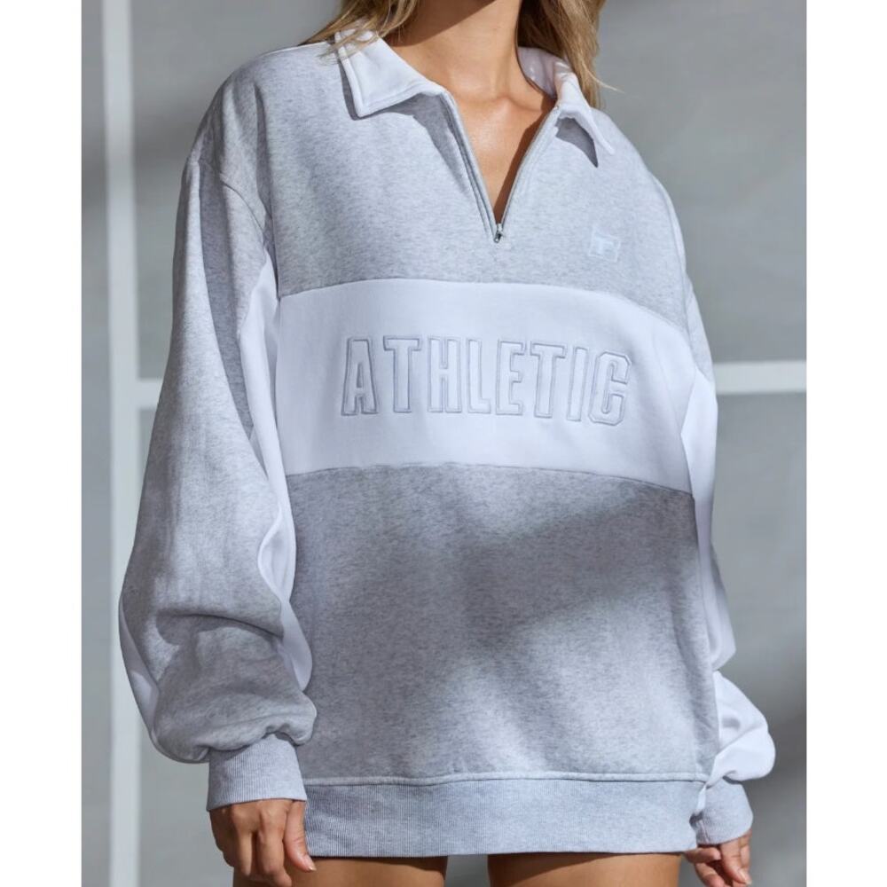 Oh Polly Bo + Tee Oversized Half Zip Panel Sweatshirt Gray/White XL